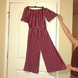 striped burgundy off the shoulder jumpsuit